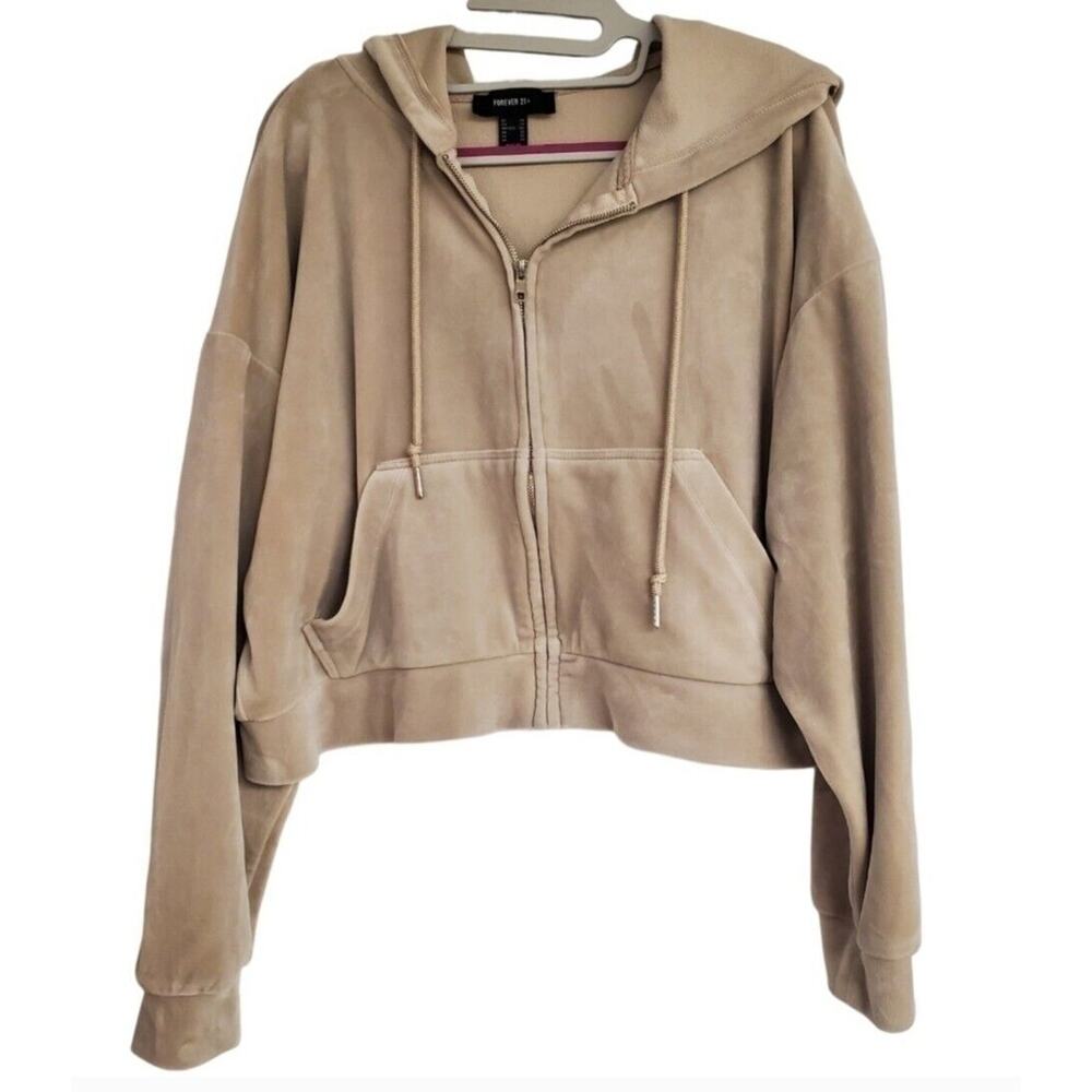 Women's Forever 21 Beige Cropped Velour Zip Hoodie Sweatshirt | Size 1X - Picture 2 of 7